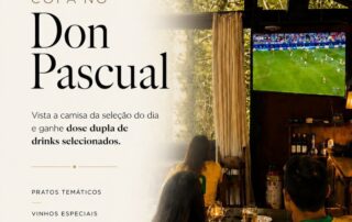 No Don Pascual, cada partida ganha um sabor especial: 🌎 Pratos inspirados nas seleções do dia 🍹 Dose dupla de drinks selecionados 📺 Transmissão ao vivo Ambiente exclusivo e aconchegante Vista a camisa da seleção que estará jogando e aproveite a promoção especial da noite. Reúna os amigos, escolha seu prato favorito e torça com a gente. 🍽️⚽ 📍 Esperamos você no Don Pascual.