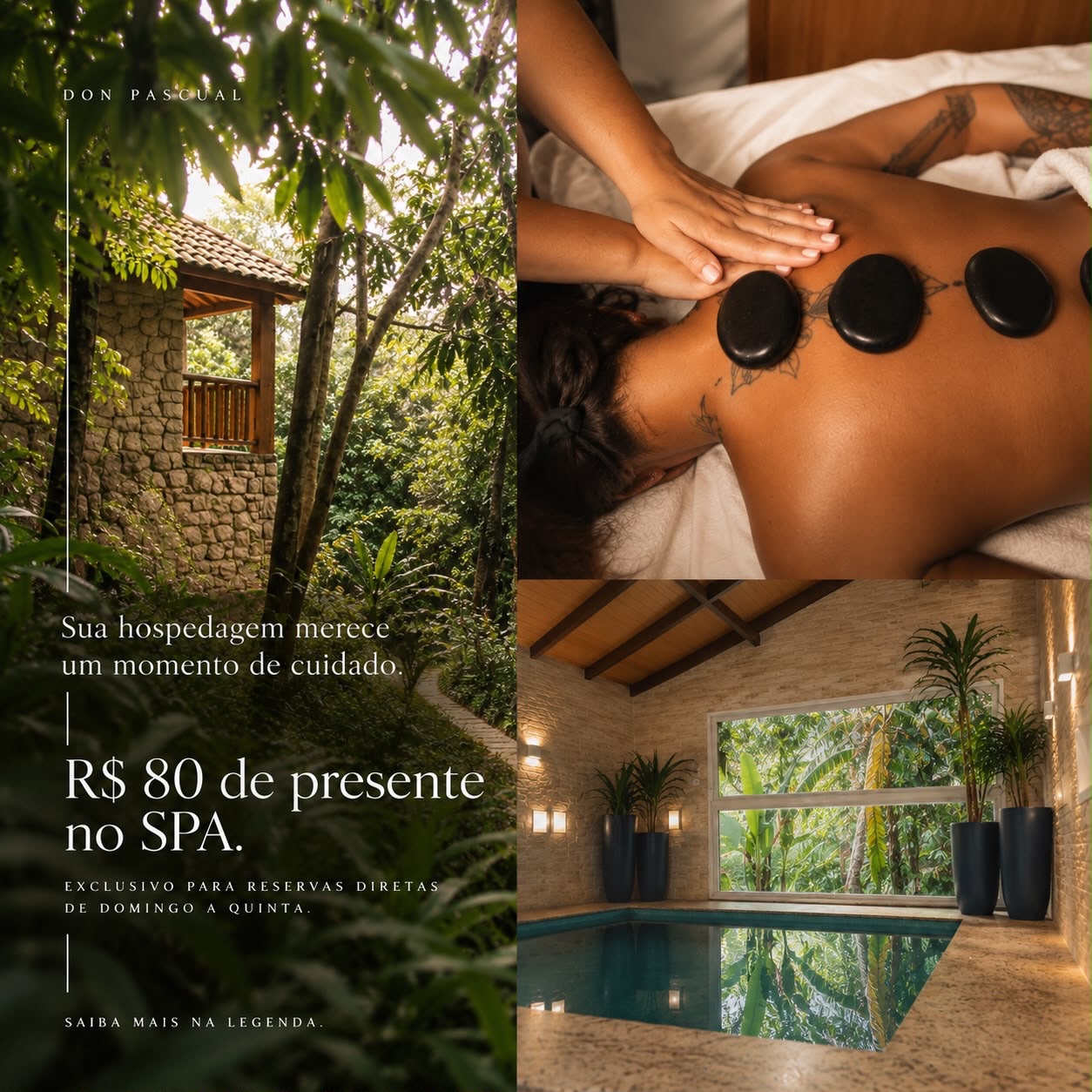 Hospede-se em hotel boutique em Vargem Grande e ganhe SPA Ao reservar sua hospedagem diretamente conosco, de domingo a quinta-feira, você ganha um voucher de R$ 80 para aproveitar no nosso SPA. Um convite para desacelerar e escolher como deseja viver esse momento: massagens, hidromassagem aquecida, escalda-pés e outros cuidados, em um ambiente intimista, cercado pela natureza. Garanta sua reserva diretamente com o Don Pascual e aproveite esse benefício exclusivo. Condições da promoção: • Válida exclusivamente para hospedagens de domingo a quinta-feira, com reservas realizadas diretamente com o Don Pascual. • Será disponibilizado um voucher de R$ 80 por reserva, independentemente da quantidade de diárias contratadas. • O voucher é válido exclusivamente para utilização nos serviços disponíveis no SPA, mediante agendamento prévio. • O benefício não poderá ser convertido em crédito, trocado por dinheiro ou transferido para outros produtos ou serviços do estabelecimento. • O voucher não é cumulativo, sendo concedido apenas uma vez por reserva.