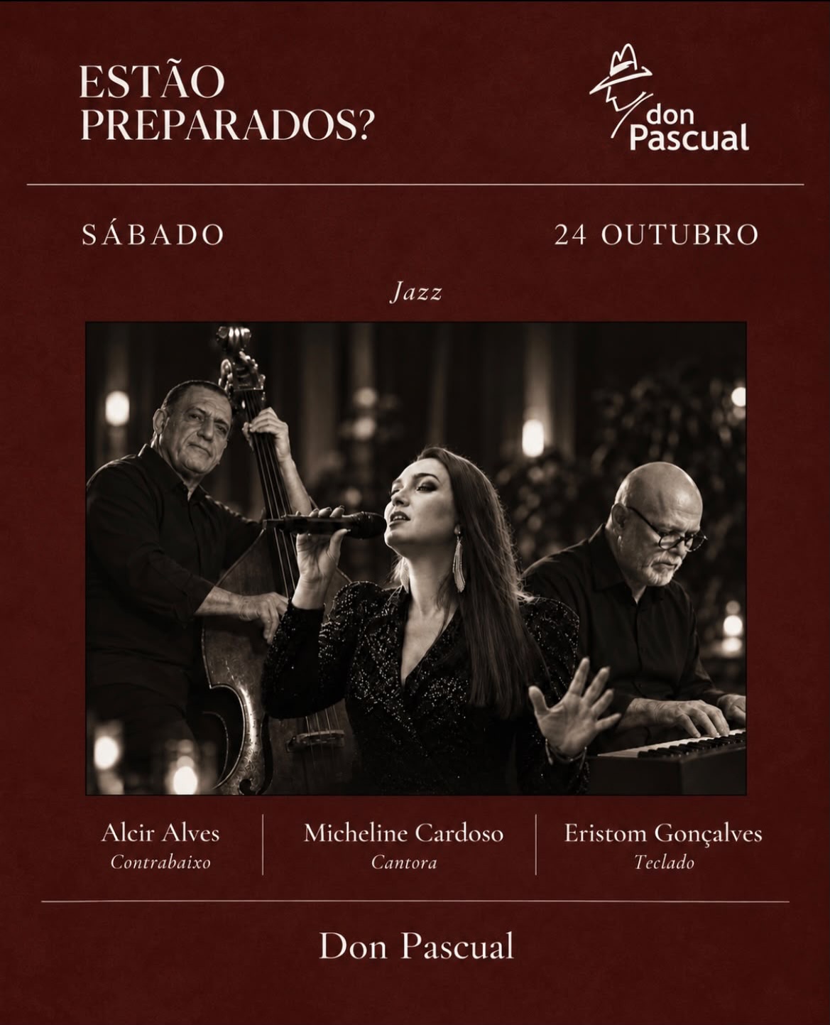 No dia 24 de outubro, o jazz ganha espaço no Don No dia 24 de outubro, o jazz ganha espaço no Don Pascual, em uma atmosfera intimista, onde a boa música encontra a gastronomia e os bons momentos. Uma experiência para ser vivida sem pressa. Sábado, 24 de outubro. Reserve sua mesa e venha viver essa noite conosco.