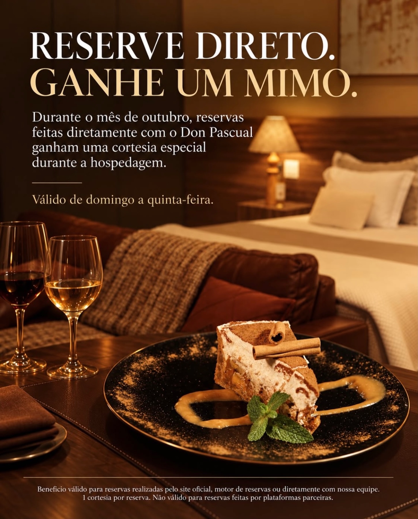 Reserve direto e ganhe um mimo: em outubro, reservas de hospedagem feitas diretamente com o Don Pascual ganham uma sobremesa cortesia
